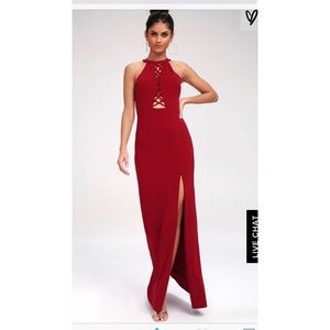 WINE RED LACE-UP HALTER MAXI DRESS